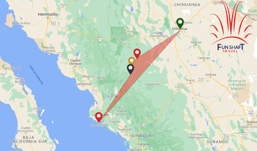 Mapa Tour Barrancas del Cobre - Chihuahua, Creel, Valle de los Hongos y de las Ranas, Barrancas del Cobre, Los Mochis. - Funshaft Travel