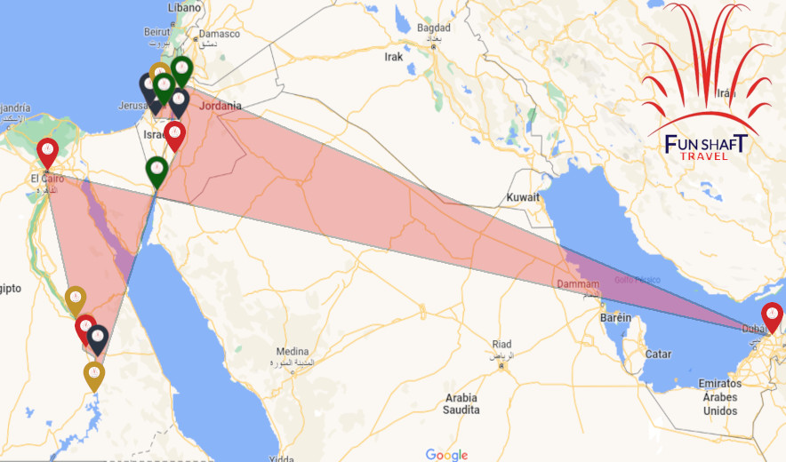 Mapa Tour Dubai, Egipto y Tierra Santa - Funshaft Travel