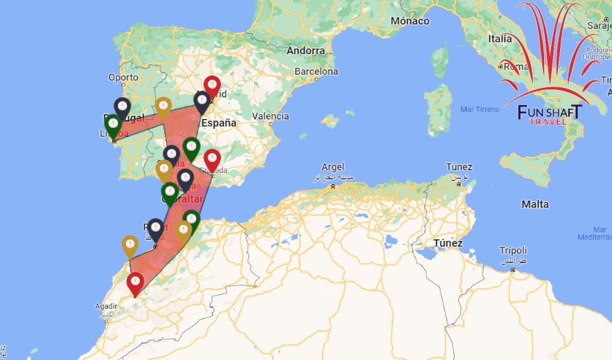 Mapa Tour España, Portugal y Marruecos Plus - Madrid, Fátima, Lisboa, Caceres, Sevilla, Granada, Costa del Sol, Tanger, Rabat, Casablanca, Marrakech, Meknes, Fez, Cadiz, Córdoba, Toledo. - Funshaft Travel