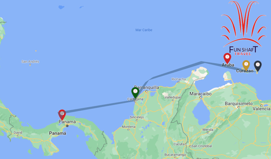 Mapa Crucero Rhapsody of the Seas, opción 1 - Panamá - Visitando: Colón, Cartagena, Willemstad, Kralendijk, Oranjestad. Funshaft Travel