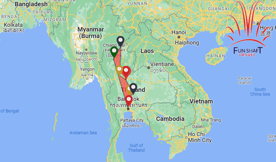 Mapa Tour Tailandia - Bangkok, Kanchanaburi, Chiang Rai, Ching Mai, Phuket - Funshaft Travel