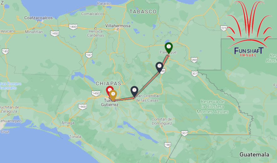 Mapa Tour Tuxtla Gutierrez, San Cristóbal De Las Casas, Palenque - Funshaft Travel