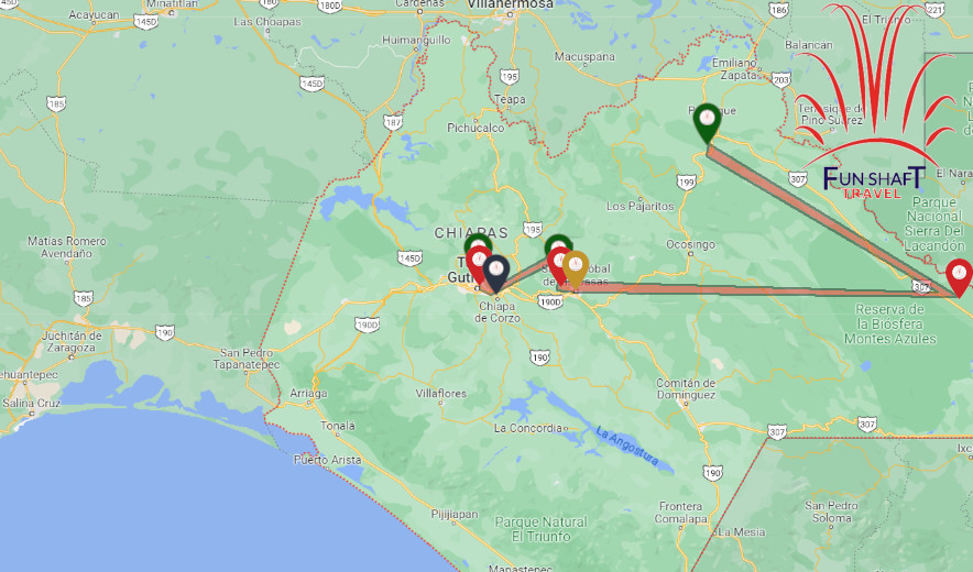 Mapa Tour Tuxtla Gutierrez, Tuxtla Gutierrez, Cañón del Sumidero, Chiapa de Corzo, San Cristóbal de las Casas, Chiapa de Corzo, Agua Azul, Misol Ha, Palenque, San Juan Chamula, Zinacantan. - Funshaft Travel